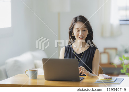 A young woman teleworking in the living room A young woman teleworking in the living room 119549749