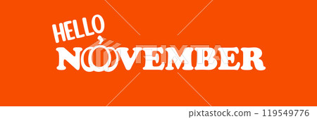 Hello November text with pumpkin isolated on orange background. Hello November sticker, label png, banner, poster design template 119549776