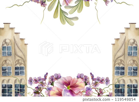 Old European city town street houses facades, bergenia pansy willow flowers. Historical cityscape building. Watercolor hand drawn border frame. Tourist shops, souvenirs, travel brochures, real estate Old European city town street houses facades, bergenia pansy willow flowers. Historical cityscape building. Watercolor hand drawn border frame. Tourist shops, souvenirs, travel brochures, real estate 119549854