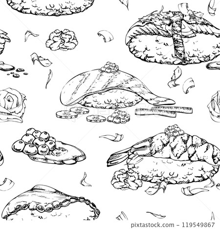 Traditional Japanese food, nigiri sushi raw fish, tamagoyaki tako octopus, tuna salmon unagi shrimp, hand drawn in vector pen, ink. Seamless pattern for restaurant, cafe menu, kitchen, recipe book 119549867