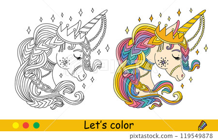 Kids Christmas coloring cute ornate unicorn head vector Kids Christmas coloring cute ornate unicorn head vector 119549878
