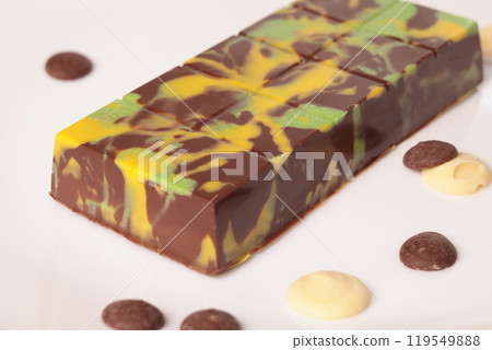 Dubai chocolate with pistachio paste and kataifi dough. Confectionery and sweets. Dubai chocolate with pistachio paste and kataifi dough. Confectionery and sweets. 119549888