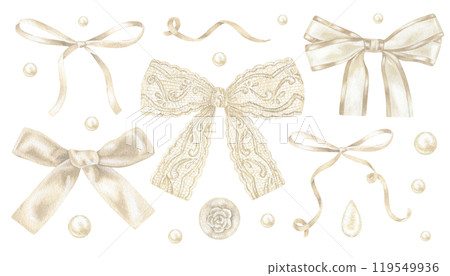 Elegant watercolor set of beige satin bows and ribbons in vintage pastel tones. Perfect for wedding invitations, greeting cards, and decorative stationery. Hand drawn detailed with soft textures 119549936