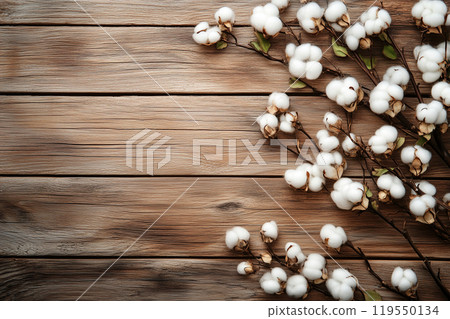 Cotton branches with fluffy bolls arranged on a rustic wooden table, showcasing natural beauty and 119550134