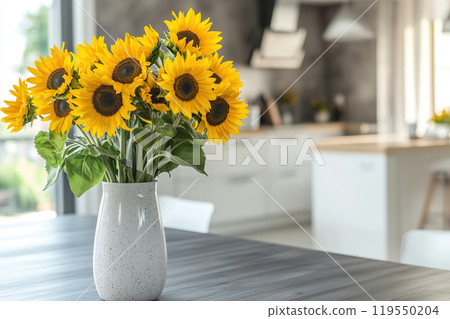 Bright sunflowers in a stylish kitchen setting during daylight create a cheerful atmosphere and 119550204