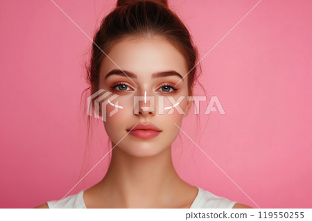 Young woman poses with a natural look against a pink background while showcasing subtle makeup and a Young woman poses with a natural look against a pink background while showcasing subtle makeup and a 119550255
