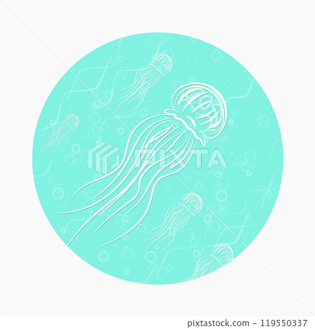 Medusa Jellyfish in a turquoise circle. Marine vector illustration. Clipart EPS 10 in the form of a ready-made icon. For websites of seafood restaurants. Medusa Jellyfish in a turquoise circle. Marine vector illustration. Clipart EPS 10 in the form of a ready-made icon. For websites of seafood restaurants. 119550337