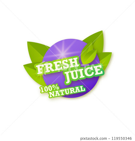 Juice fresh fruit label icon concept. Blueberry healthy juice sticker. Juicy drops and green leaves. Vector design. Isolated illustration. 119550346