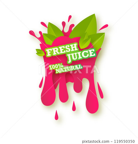 Juice fresh fruit label icon concept. Juicy drop and green leaves. Raspberry healthy juice design sticker. Vector isolated illustration. Juice fresh fruit label icon concept. Juicy drop and green leaves. Raspberry healthy juice design sticker. Vector isolated illustration. 119550350