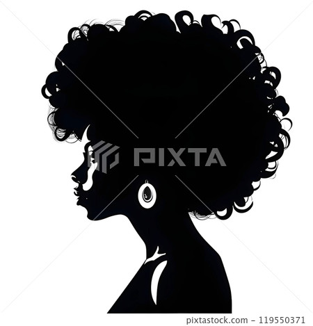 Black silhouette of busts of a woman with afro hair on white background. 119550371