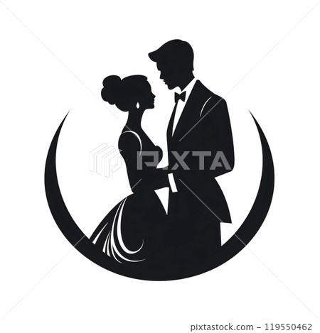 Black silhouette, tattoo of a couple of man and woman in love in a circle on white background. Vector. 119550462