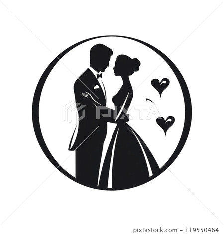 Black silhouette, tattoo of a couple of man and woman in love in a circle on white background. Vector. Black silhouette, tattoo of a couple of man and woman in love in a circle on white background. Vector. 119550464