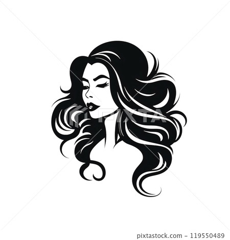 Black silhouette, tattoo of bust of a woman with long hair on white background. Vector. Black silhouette, tattoo of bust of a woman with long hair on white background. Vector. 119550489