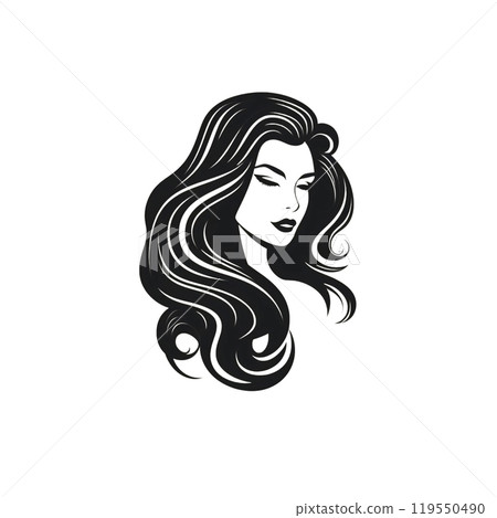 Black silhouette, tattoo of bust of a woman with long hair on white background. Vector. Black silhouette, tattoo of bust of a woman with long hair on white background. Vector. 119550490