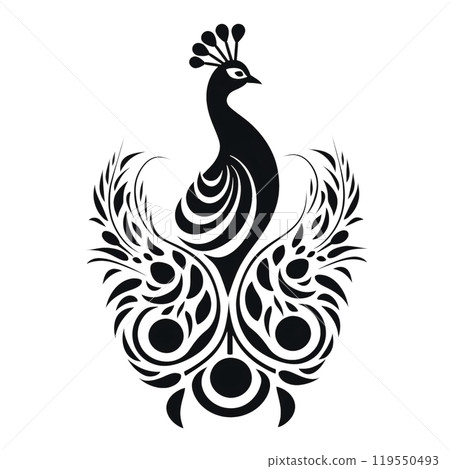Black silhouette, tattoo of a peacock with feathers on white background. Vector. Black silhouette, tattoo of a peacock with feathers on white background. Vector. 119550493