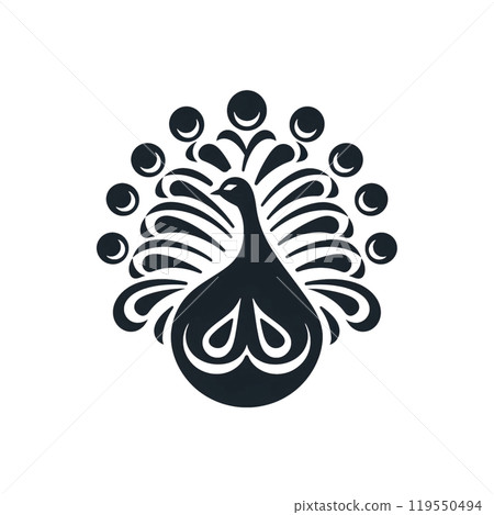 Black silhouette, tattoo of a peacock with feathers on white background. Vector. Black silhouette, tattoo of a peacock with feathers on white background. Vector. 119550494