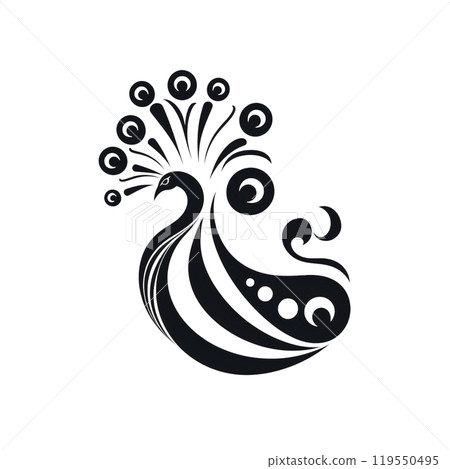 Black silhouette, tattoo of a peacock with feathers on white background. Vector. Black silhouette, tattoo of a peacock with feathers on white background. Vector. 119550495
