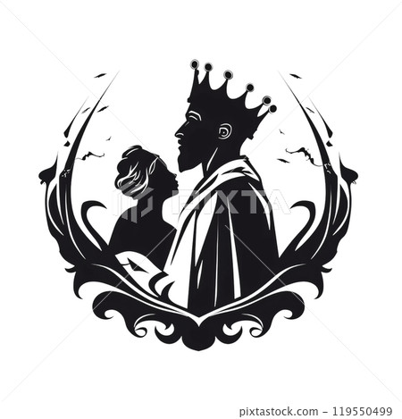 Black silhouette, tattoo of a king in a crown with his wife on white background. Vector. 119550499