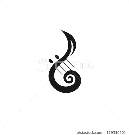 Black silhouette, tattoo of a treble clef and sheet music on white background. Vector. 119550501