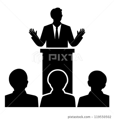 Black silhouette, tattoo of a man speaking in front of a crowd on white background. Vector. 119550502