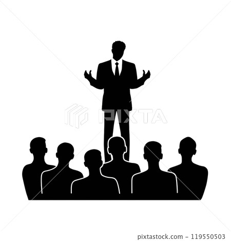 Black silhouette, tattoo of a man speaking in front of a crowd on white background. Vector. 119550503