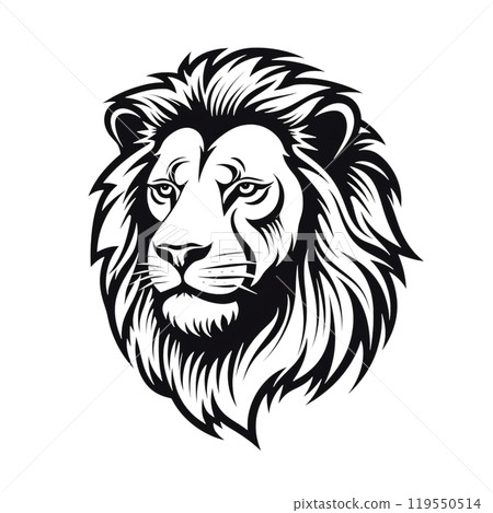 Black silhouette, tattoo of a head of a lion, tiger on white background. Vector. 119550514