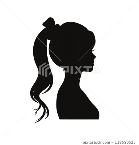 Black silhouette, tattoo of a girl with a ponytail on white background. Vector. 119550523