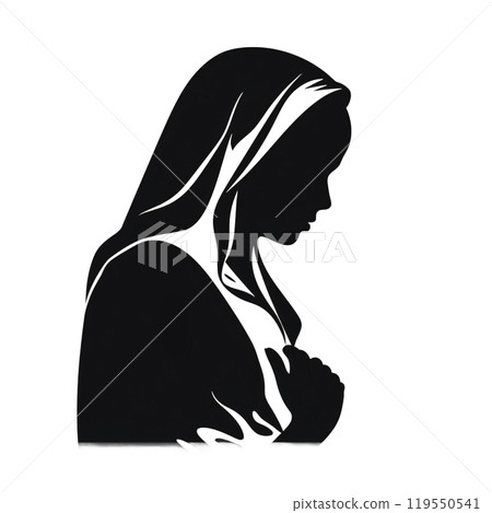 Black silhouette, tattoo of a woman with her head covered with a scarf on white background. Vector. 119550541