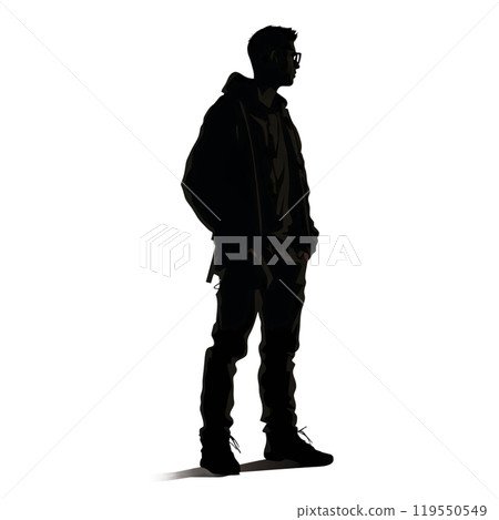 Black silhouette, tattoo of a man in a jacket on white background. Vector. 119550549
