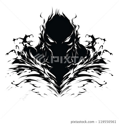 Black silhouette, tattoo of a dark monster, demon on white background. Vector. 119550561