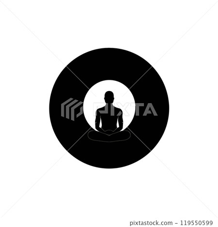 Black silhouette, tattoo of a man in lotus position on white background. Vector. 119550599