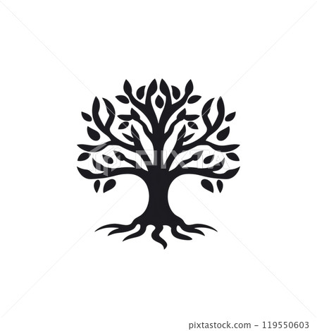 Black silhouette, tattoo of a tree on white background. Vector. 119550603