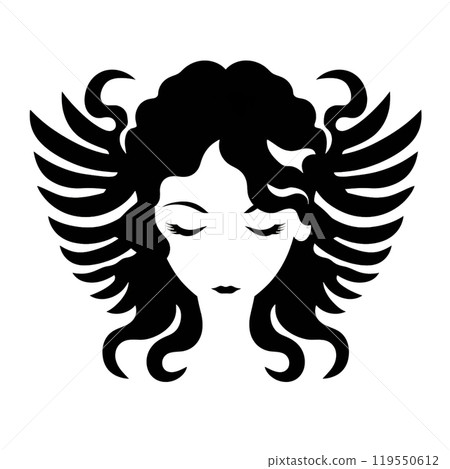 Black silhouette, tattoo of a woman's head with wings on white isolated background. Vector. Black silhouette, tattoo of a woman's head with wings on white isolated background. Vector. 119550612