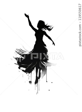 Black silhouette, tattoo of a woman with her hand up on white isolated background. Vector. Black silhouette, tattoo of a woman with her hand up on white isolated background. Vector. 119550617