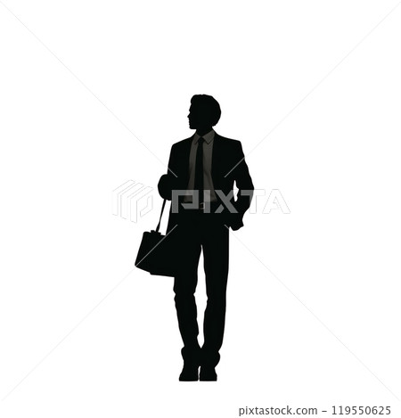 Black silhouette, tattoo of a man in suit with bag on white isolated background. Vector. 119550625