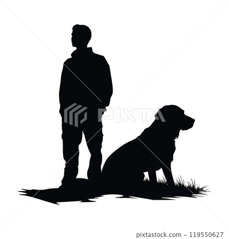 Black silhouette, tattoo of a man with a dog on white isolated background. Vector. 119550627