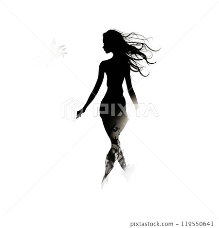 Black silhouette, tattoo of a woman among flowers on white isolated background. Vector. Black silhouette, tattoo of a woman among flowers on white isolated background. Vector. 119550641