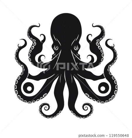 Black silhouette, tattoo of an octopus on white isolated background. Vector. 119550648