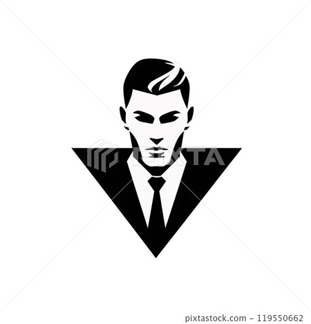 Black silhouette, tattoo of a head of a man in a suit in a triangle on white isolated background. Vector. 119550662