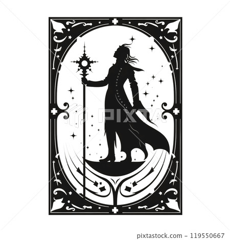 Black silhouette, tattoo of a clown, jester, squire on white isolated background. Vector. 119550667