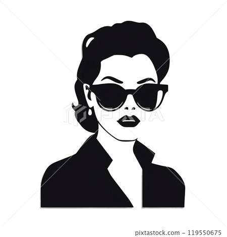 Black silhouette, tattoo of a woman with glasses on white isolated background. Vector. 119550675