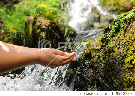 Woman hands catching water from creek 119550739