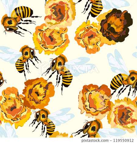 Seamless pattern with bees and flowers on color background. Small wasp. Vector illustration. Adorable cartoon character. Template design for invitation, cards, textile, fabric. Doodle style 119550912