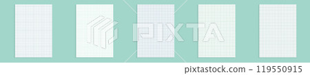 Grid paper set. Realistic blank lined paper sheet in A4 format. Squared background with color graph. Geometric pattern for school, wallpaper, textures, notebook. Lined blank on transparent background 119550915