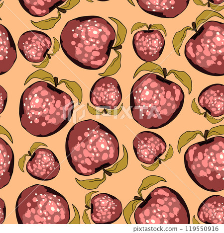 Seamless pattern with apple on color background. Natural delicious fresh ripe tasty fruit. Vector illustration for print, fabric, textile, banner, design. Stylized apples with leaves. Food concept 119550916