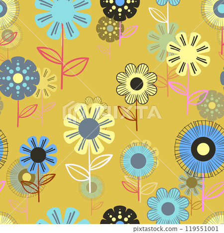 Seamless floral pattern based on traditional folk art ornaments. Colorful flowers on color background. Scandinavian style. Sweden nordic style. Vector illustration. Simple minimalistic pattern 119551001