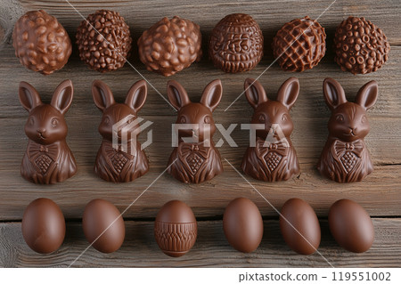 Charming chocolate bunnies and eggs arranged on rustic wooden surface for festive celebrations 119551002