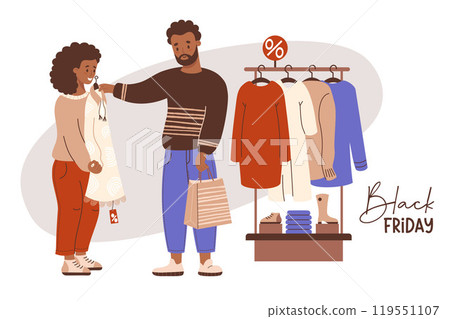 Black Friday. Shopping. Cute black ethnic couple buyers man and girl try on fashionable dress. Seasonal sale in store. Vector illustration. Holiday shopper character, purchase Black Friday. Shopping. Cute black ethnic couple buyers man and girl try on fashionable dress. Seasonal sale in store. Vector illustration. Holiday shopper character, purchase 119551107