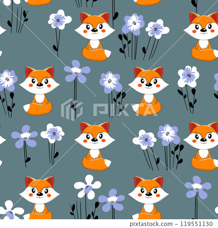 Seamless pattern with cute fox baby on color background. Funny forest animals. Card, postcards for kids. Flat vector illustration for fabric, textile, wallpaper, poster, paper 119551130