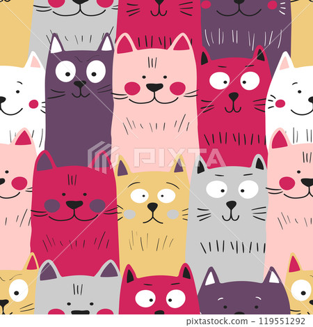 Seamless pattern with cute kitten print. Different scandy cats on color background. Scandinavian style illustration for kids. Vector illustration for fabric, textile, wallpaper, home clothing, pajama 119551292